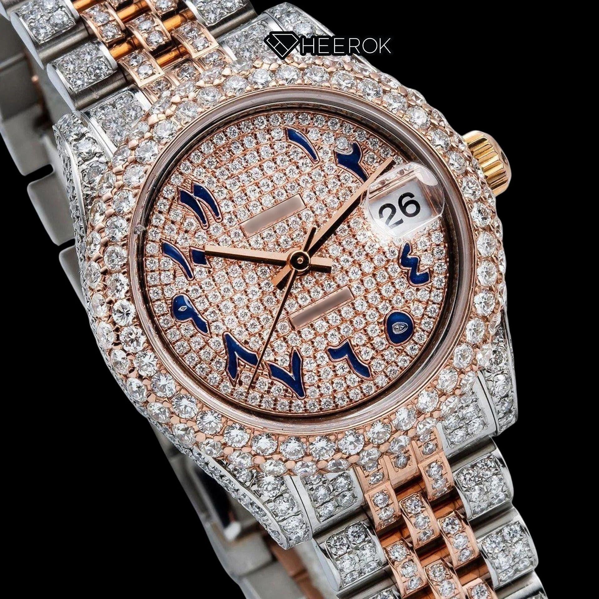 Rolex Datejust Diamond Paved Dial Blue Arabic Numerals Diamond Bezel Two Tone Rose Gold Fully Iced Moissanite Diamond Jubilee Bracelet For Women
