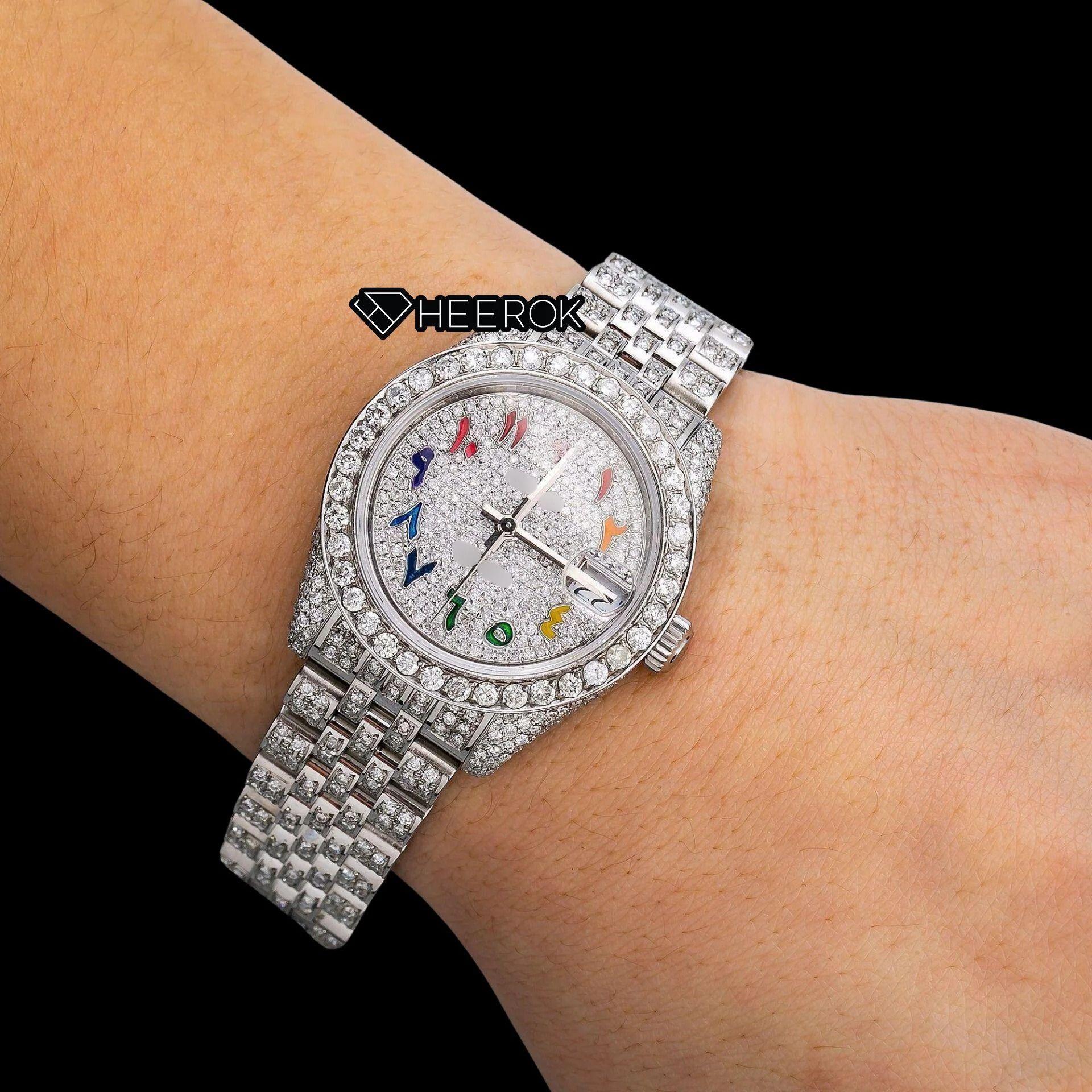 Rolex Datejust Diamond Paved Dial Multicolor Arabic Numerals Diamond Bezel Moissanite Diamond Jubilee Bracelet For Women