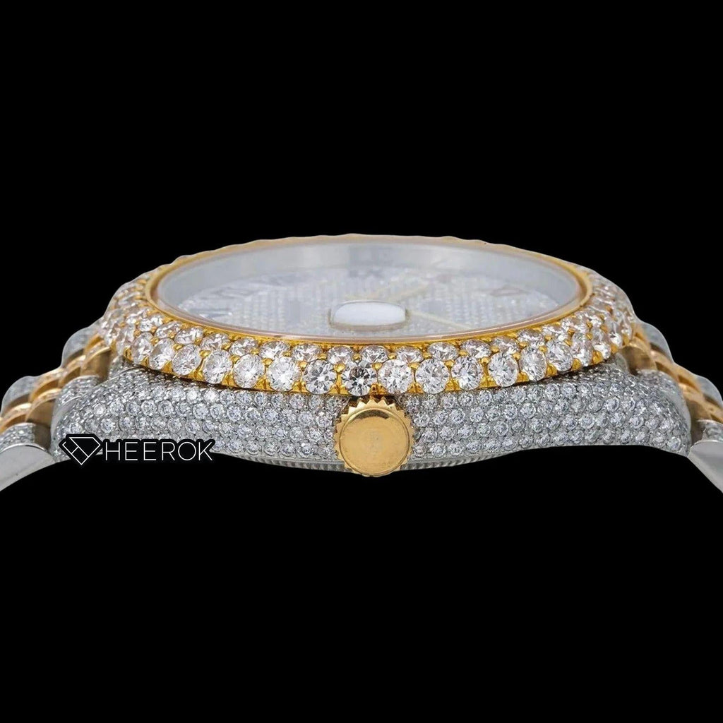 Rolex Datejust Diamond Paved Dial Multicolor Roman Numerals Diamond Bezel Two Tone Yellow Gold Bust Down Moissanite Diamond Jubilee Bracelet