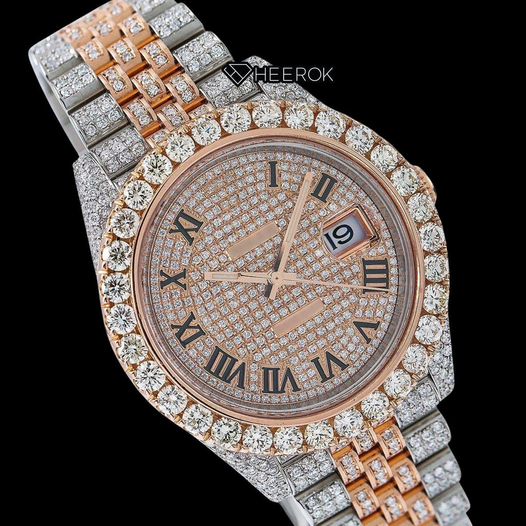 Rolex Datejust Diamond Paved Dial Roman Numerals Large Round Diamond Bezel Two Tone Rose Gold Fully Iced Moissanite Diamond Jubilee Bracelet