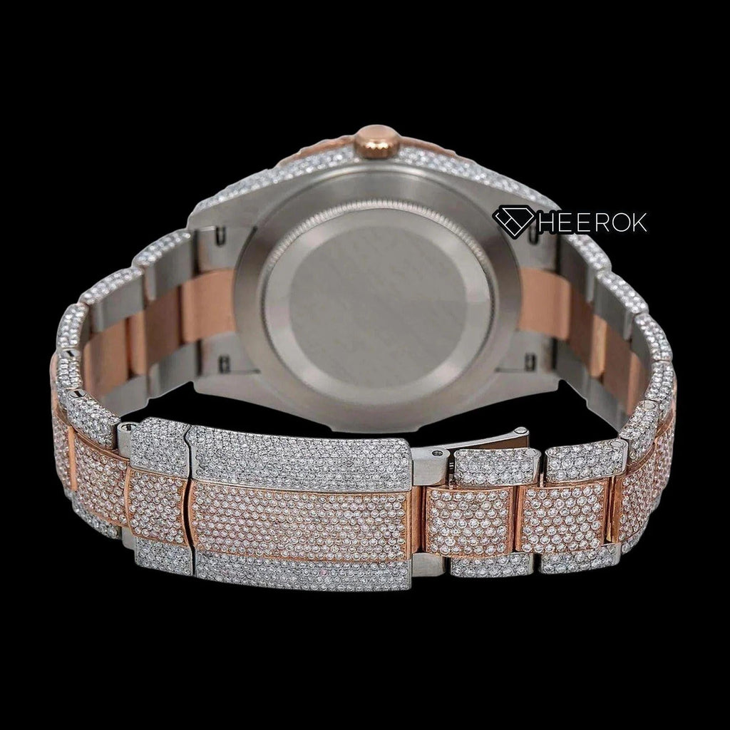 Rolex Datejust Diamond Paved Rose Gold Dial Arabic Numerals Diamond Bezel Two Tone Rose Gold Fully Iced Moissanite Diamond Oyster Bracelet