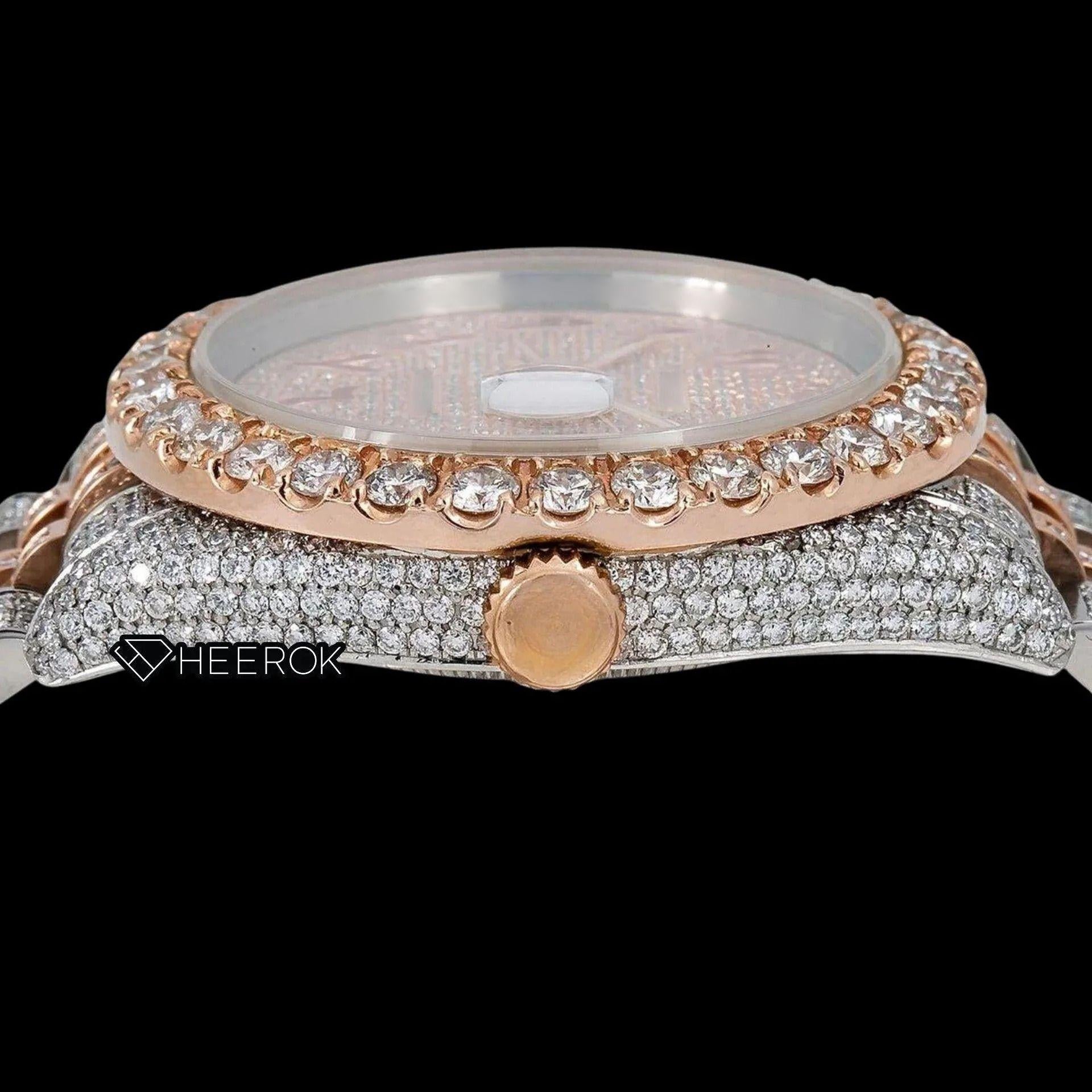 Rolex Datejust Diamond Paved Rose Gold Dial Red Arabic Numerals Diamond Bezel Two Tone Rose Gold Fully Iced Moissanite Diamond Jubilee Bracelet For Women