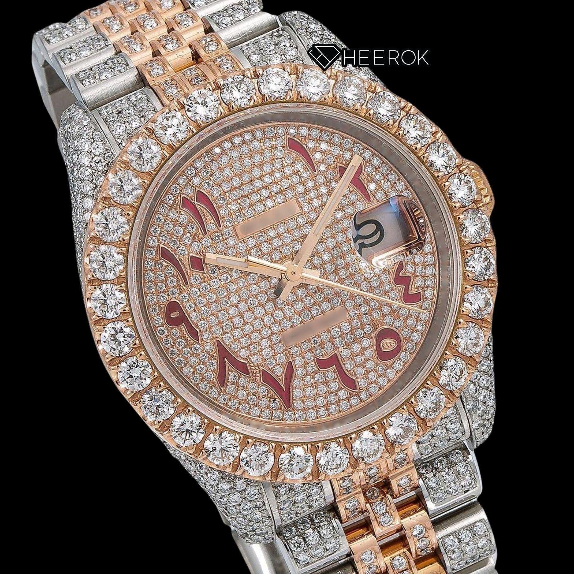 Rolex Datejust Diamond Paved Rose Gold Dial Red Arabic Numerals Diamond Bezel Two Tone Rose Gold Fully Iced Moissanite Diamond Jubilee Bracelet For Women