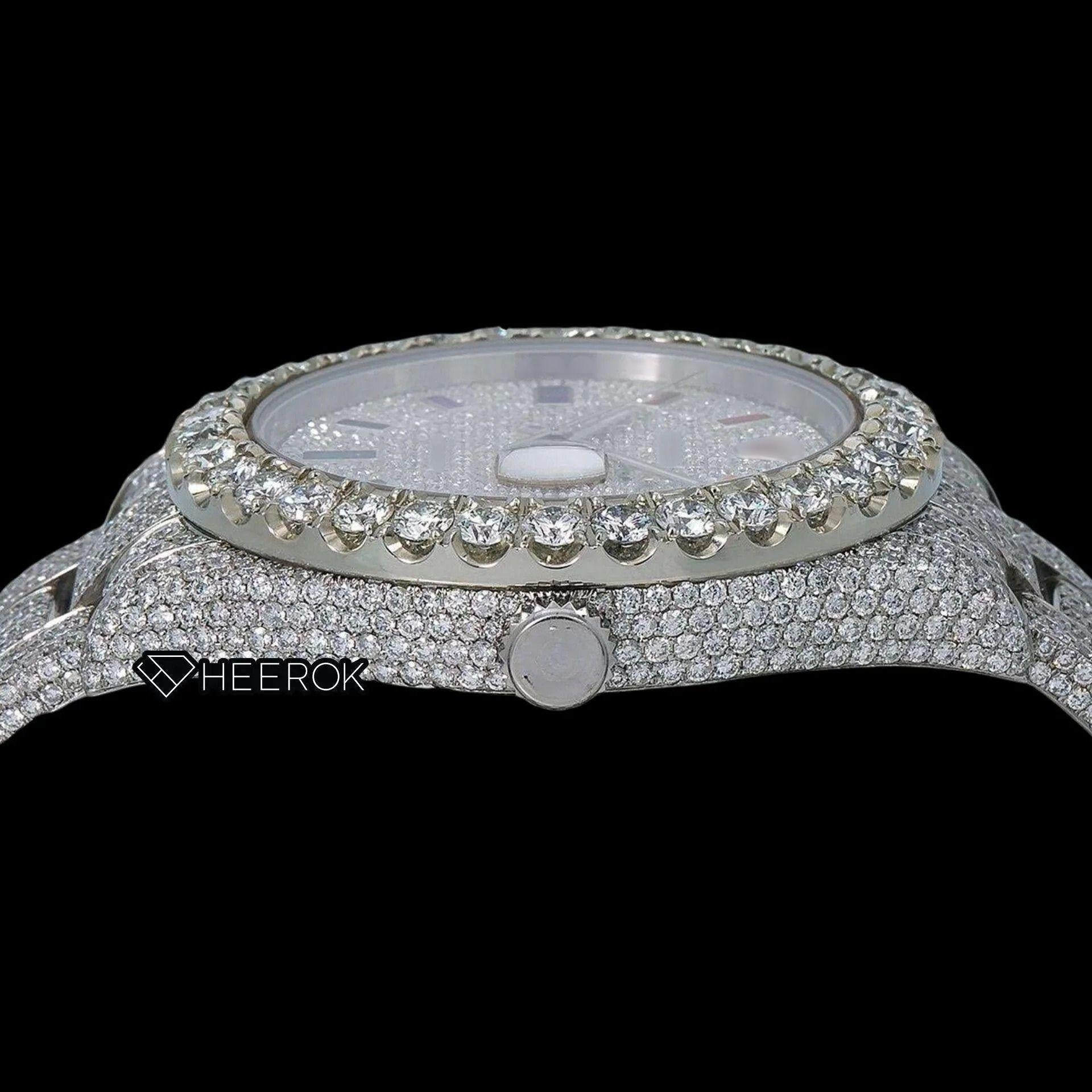 Rolex Datejust Full Diamond Paved Dial Multicolor Stick Markers Diamond Bezel Fully Iced Moissanite Diamond Oyster Bracelet