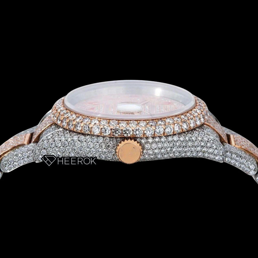 Rolex Datejust Full Diamond Paved Dial Red Arabic Numerals Diamond Bezel Two Tone Rose Gold Fully Iced Moissanite Diamond Oyster Bracelet For Women