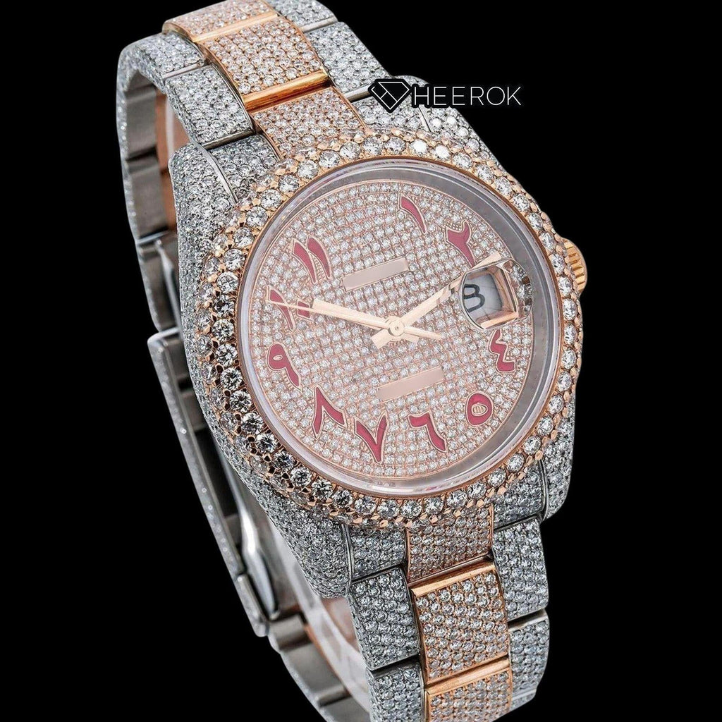 Rolex Datejust Full Diamond Paved Dial Red Arabic Numerals Diamond Bezel Two Tone Rose Gold Fully Iced Moissanite Diamond Oyster Bracelet For Women