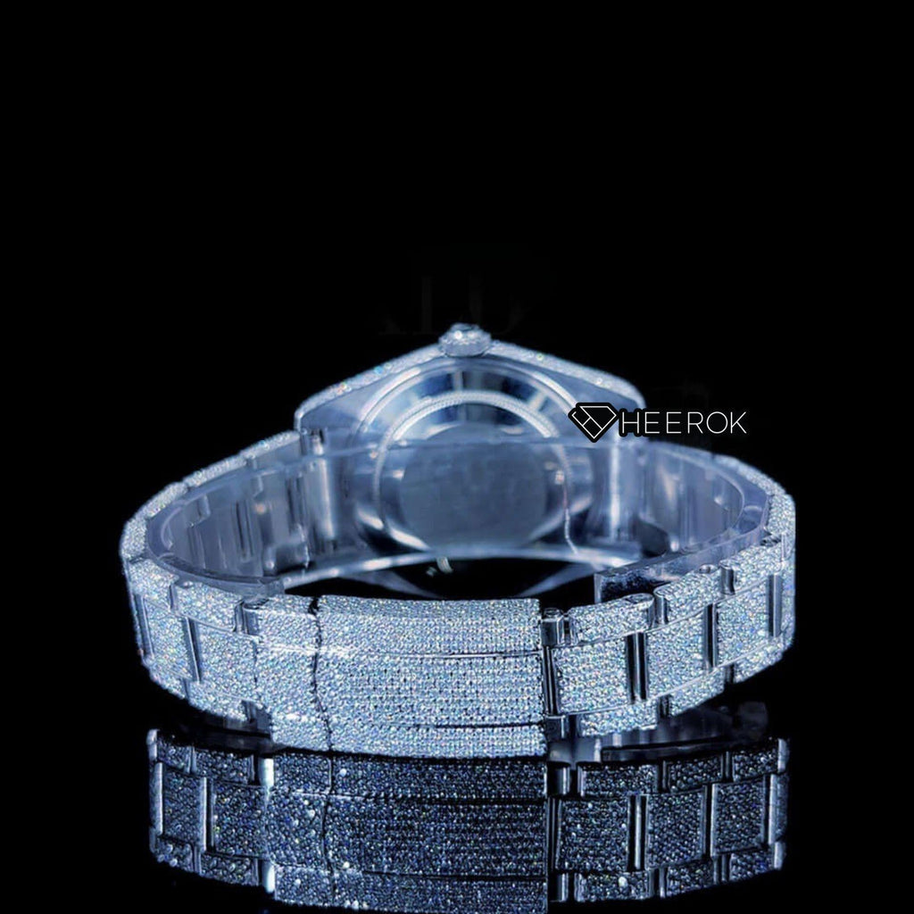 Rolex Datejust Full Pave Dial Black Roman Numerals Diamond Bezel Fully Iced Moissanite Diamond Oyster Bracelet
