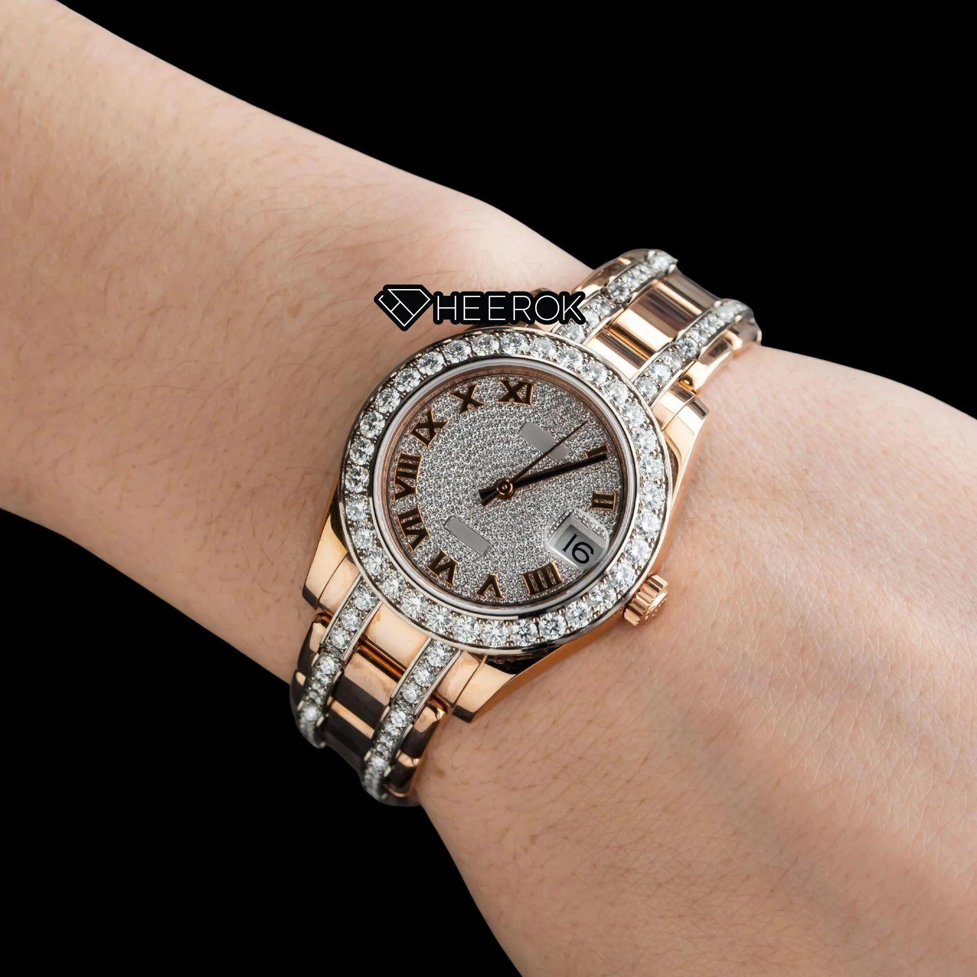 Rolex Datejust Full Pave Diamond Dial Roman Numerals Diamond Bezel Rose Gold Semi Iced Moissanite Diamond President Bracelet For Women