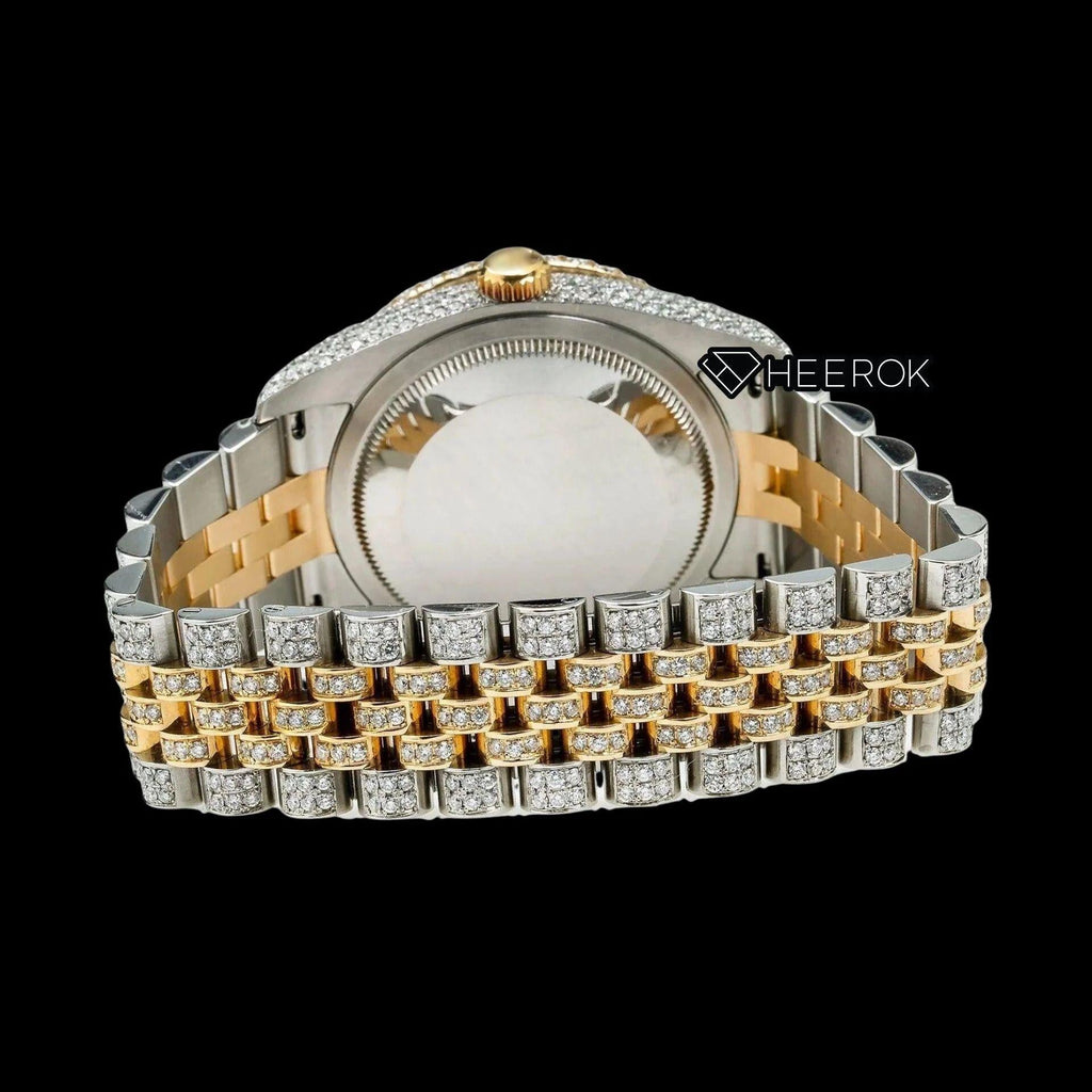 Rolex Datejust Full Pave Yellow Dial Red Arabic Numerals Diamond Bezel Two Tone Yellow Gold Moissanite Diamond Jubilee Bracelet For Women