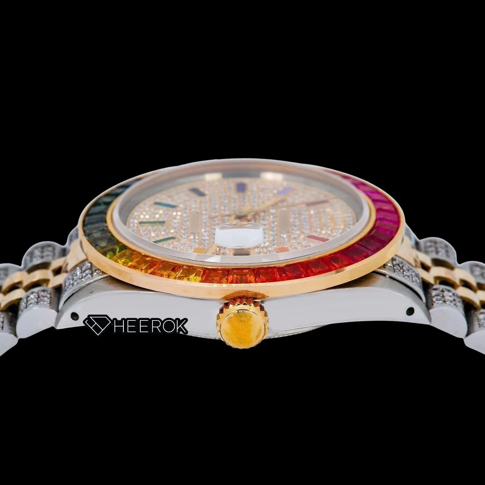 Rolex Datejust Full Paved Yellow Dial Multicolor Stick Markers Rainbow Diamond Bezel Two Tone Yellow Gold Semi Iced Moissanite Diamond Jubilee Bracelet Watch For Women