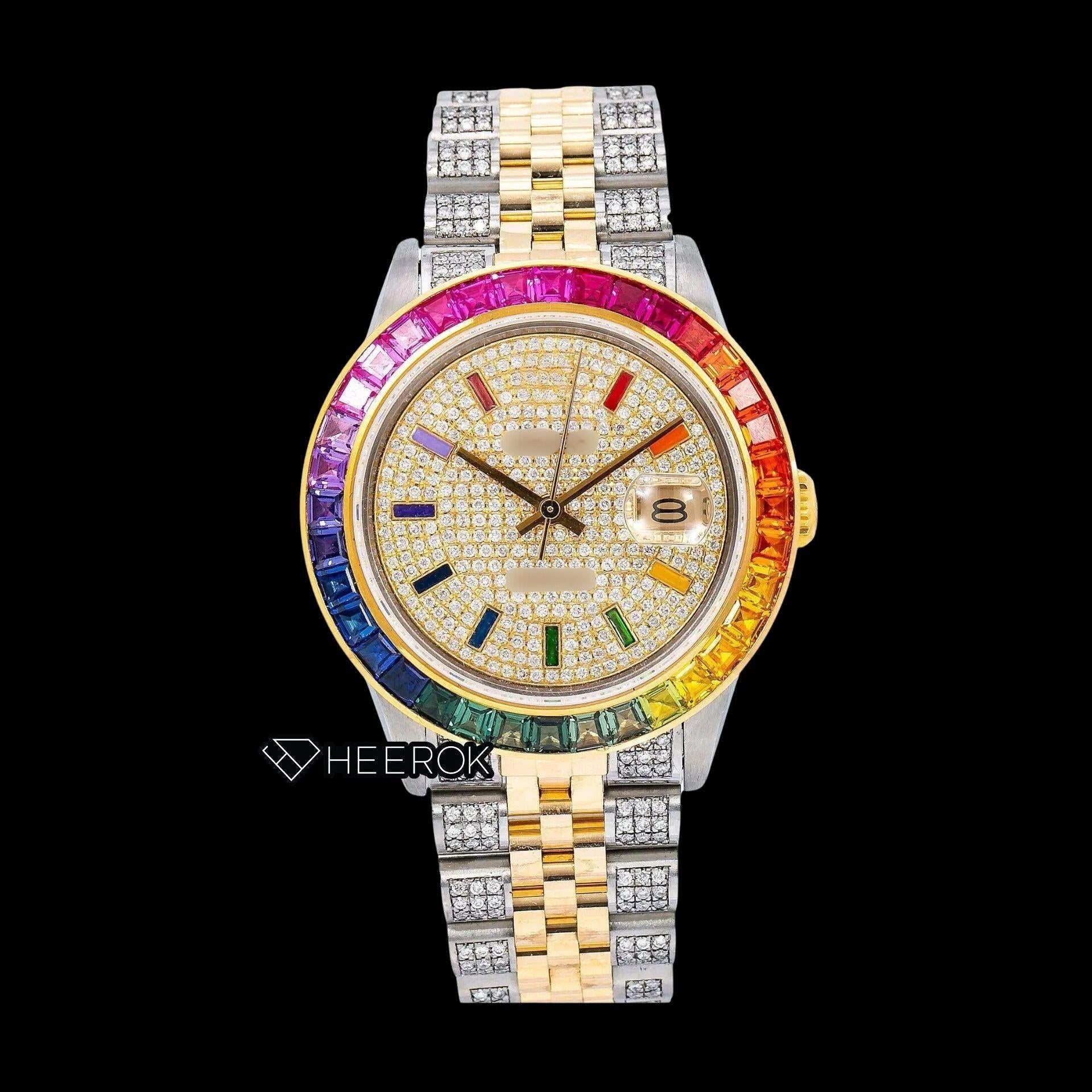 Rolex Datejust Full Paved Yellow Dial Multicolor Stick Markers Rainbow Diamond Bezel Two Tone Yellow Gold Semi Iced Moissanite Diamond Jubilee Bracelet Watch For Women