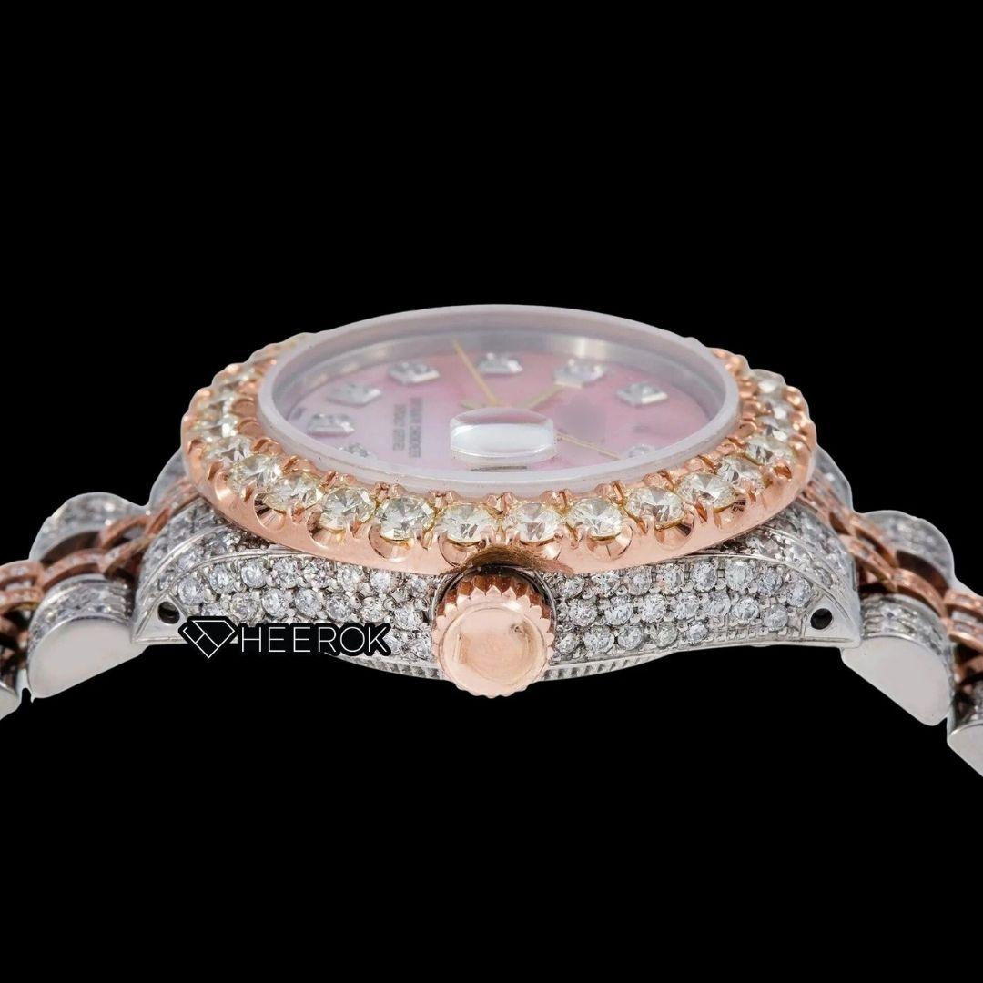 Rolex Datejust Pink Dial Diamond Markers Diamond Bezel Two Tone Rose Gold Fully Iced Moissanite Diamond Jubilee Bracelet For Women