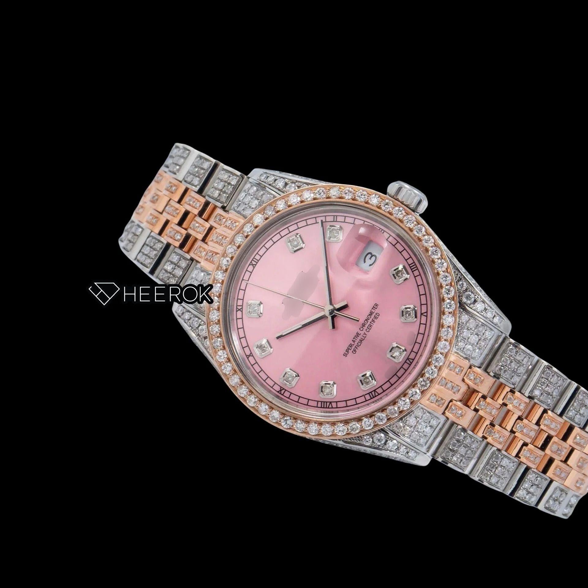 Rolex Datejust Pink Dial Diamond Markers Diamond Bezel Two Tone Rose Gold Moissanite Diamond Jubilee Bracelet For Women