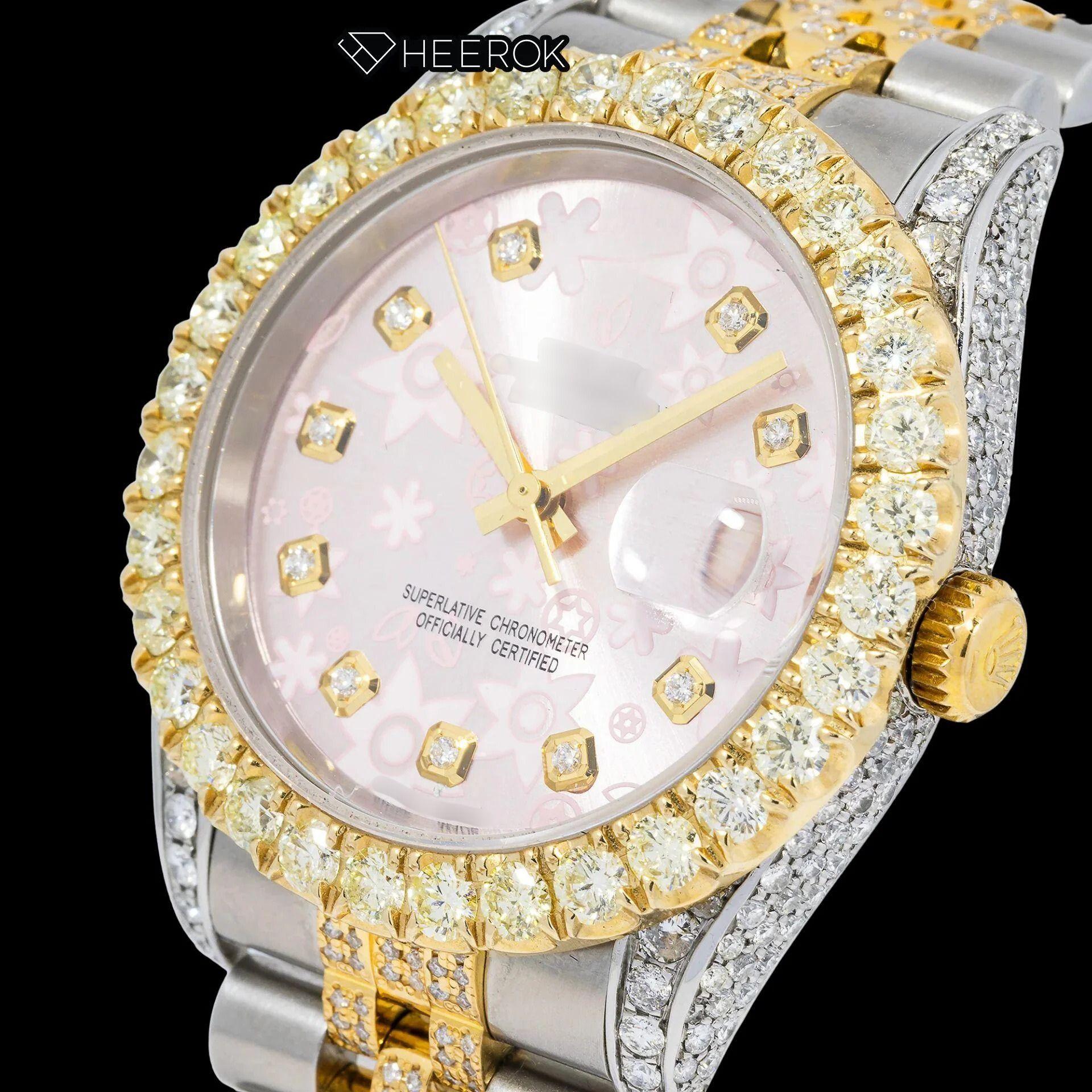 Rolex Datejust Pink Floral Dial Diamond Markers Large Round Diamond Bezel Two Tone Yellow Gold Semi Iced Moissanite Diamond Jubilee Bracelet For Women