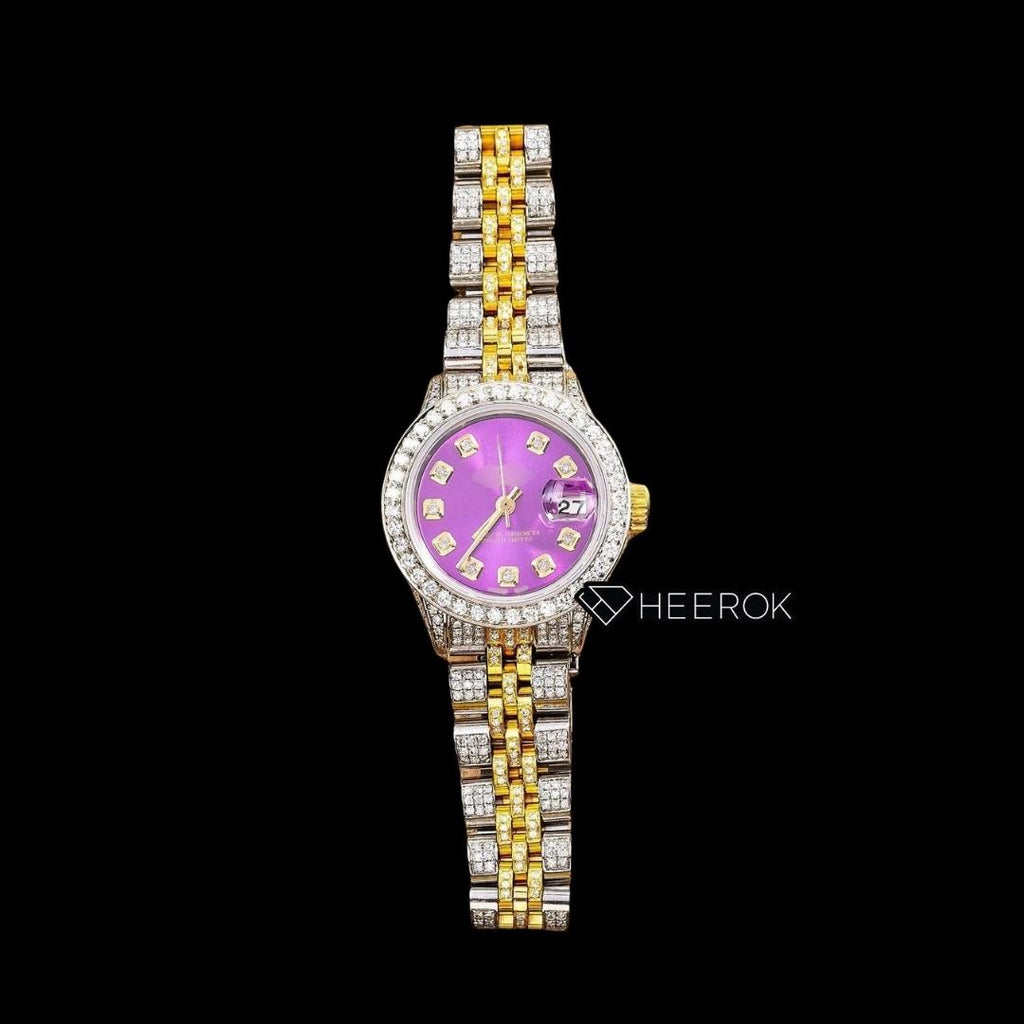 Rolex Datejust Purple Dial Diamond Markers Diamond Bezel Two Tone Yellow Gold Moissanite Diamond Jubilee Bracelet For Women