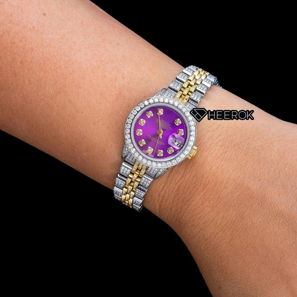 Rolex Datejust Purple Dial Diamond Markers Diamond Bezel Two Tone Yellow Gold Moissanite Diamond Jubilee Bracelet For Women