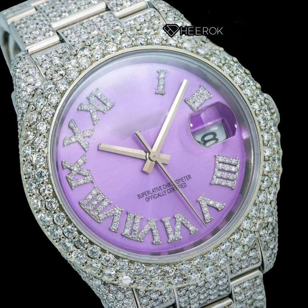 Rolex Datejust Purple Dial Roman Diamond Markers Diamond Bezel Fully Iced Moissanite Diamond Oyster Bracelet