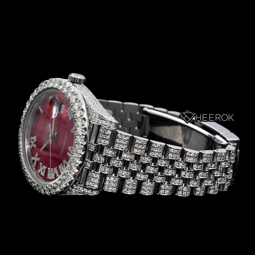 Rolex Datejust  Red Dial Roman Diamond Numerals Diamond Bezel Fully Iced Moissanite Diamond Jubilee Bracelet Watch