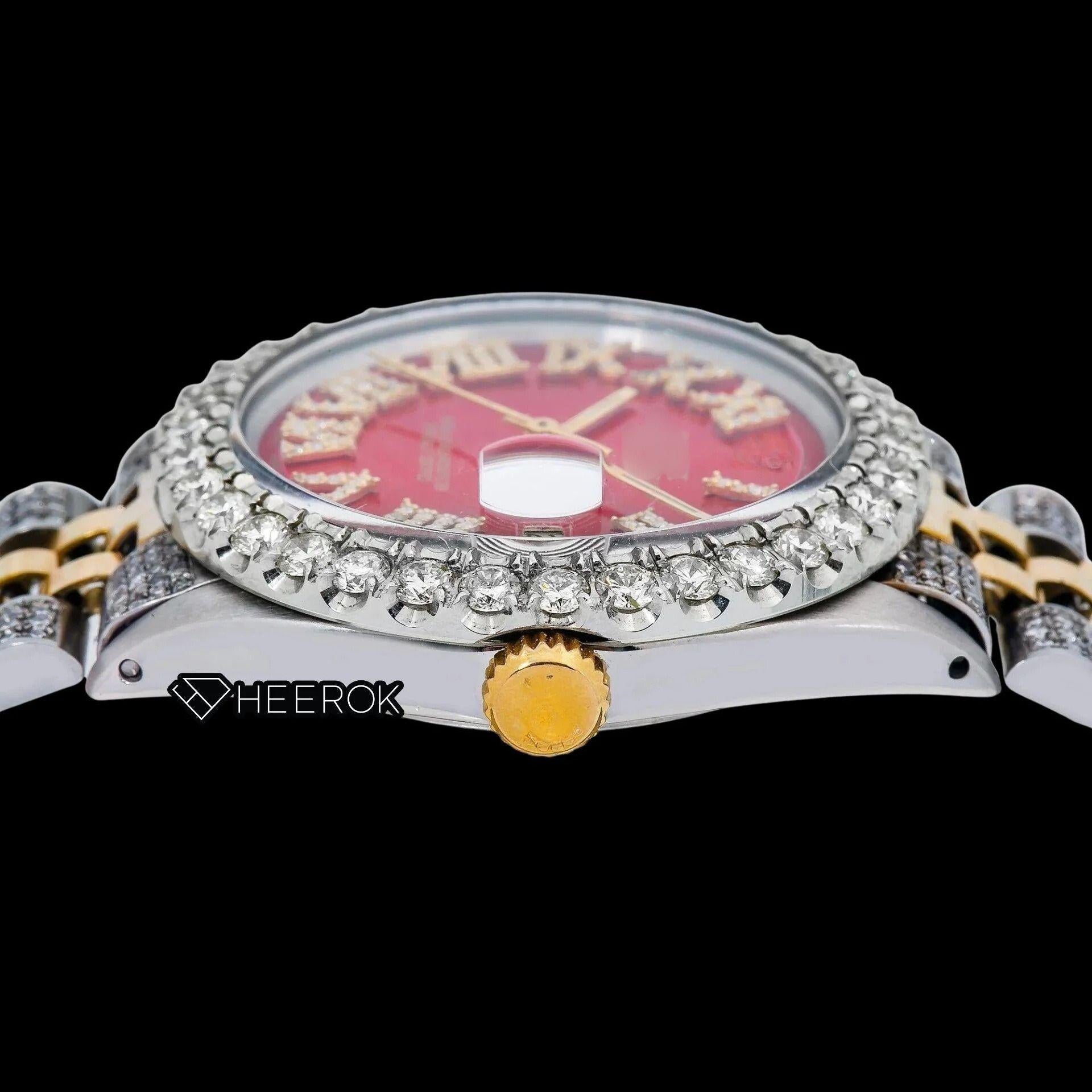 Rolex Datejust Red Dial Roman Diamond Numerals Diamond Bezel Two Tone Yellow Gold Semi Iced Moissanite Diamond Jubilee Bracelet For Women
