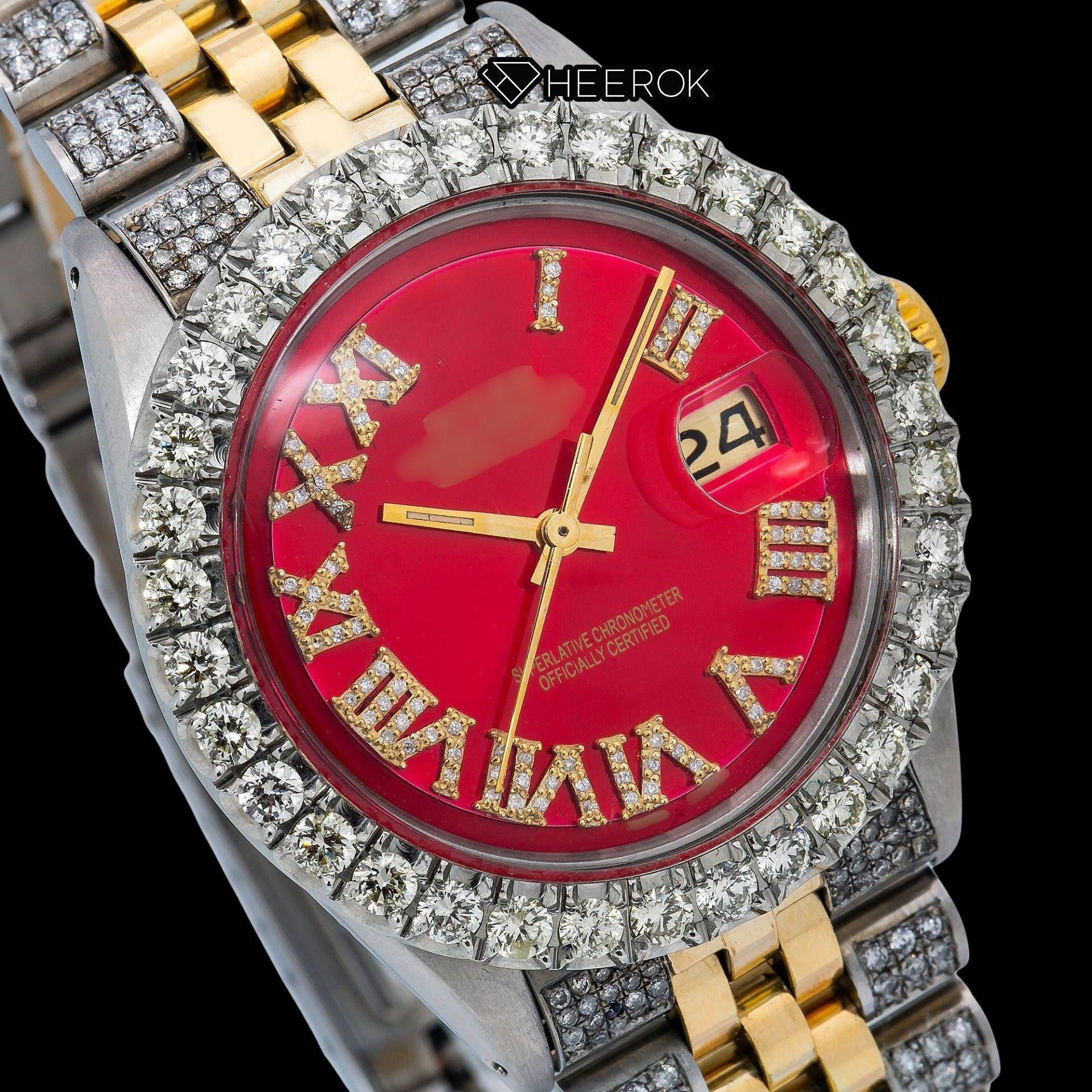 Rolex Datejust Red Dial Roman Diamond Numerals Diamond Bezel Two Tone Yellow Gold Semi Iced Moissanite Diamond Jubilee Bracelet For Women