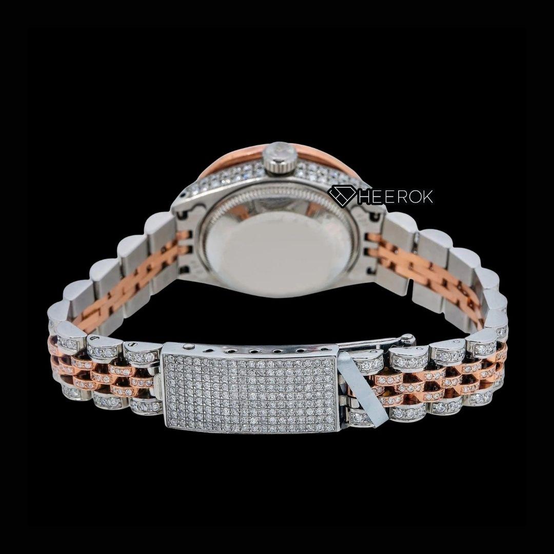 Rolex Datejust White Dial Diamond Markers Baguette Diamond Bezel Two Tone Rose Gold Moissanite Diamond Jubilee Bracelet For Women