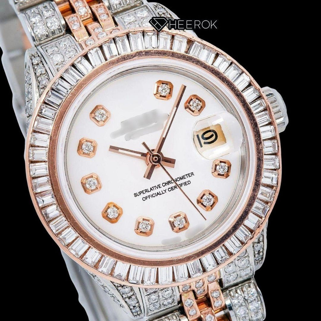 Rolex Datejust White Dial Diamond Markers Baguette Diamond Bezel Two Tone Rose Gold Moissanite Diamond Jubilee Bracelet For Women