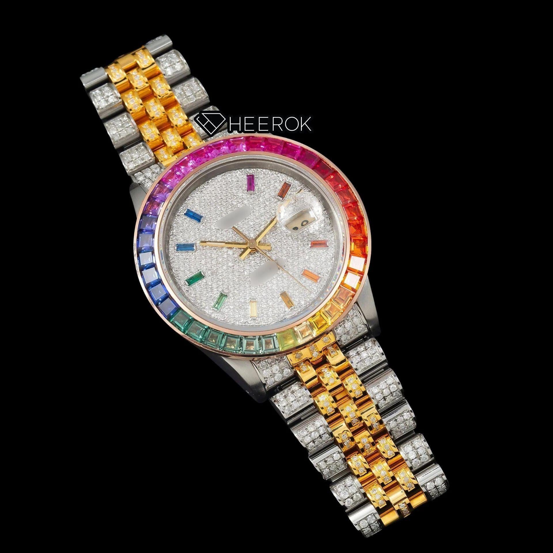 Rolex Datejust White Dial Multicolor Diamond Stick Markers Rainbow Diamond Bezel Two Tone Yellow Gold Fully Iced Moissanite Diamond Jubilee Bracelet For Women