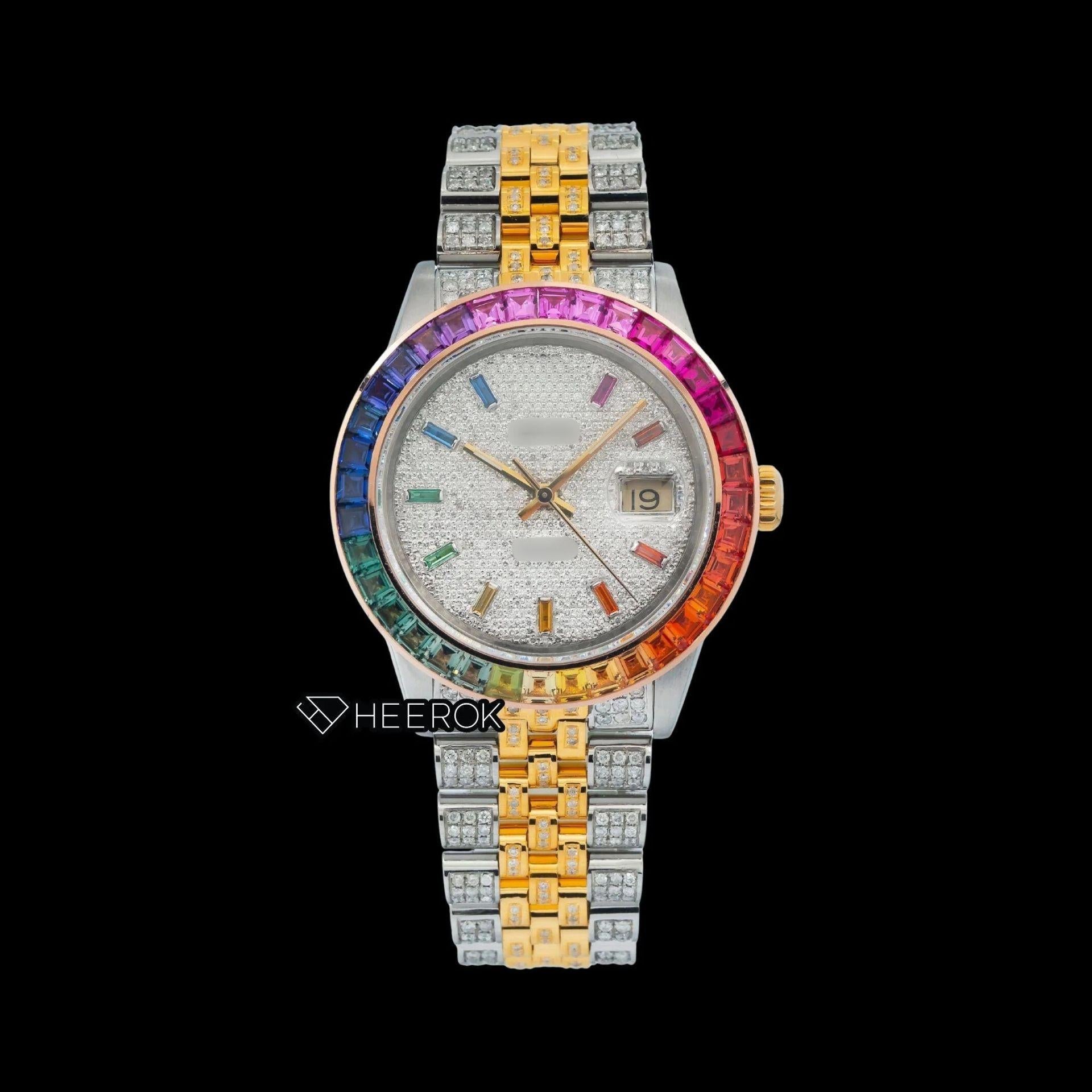 Rolex Datejust White Dial Multicolor Diamond Stick Markers Rainbow Diamond Bezel Two Tone Yellow Gold Fully Iced Moissanite Diamond Jubilee Bracelet For Women