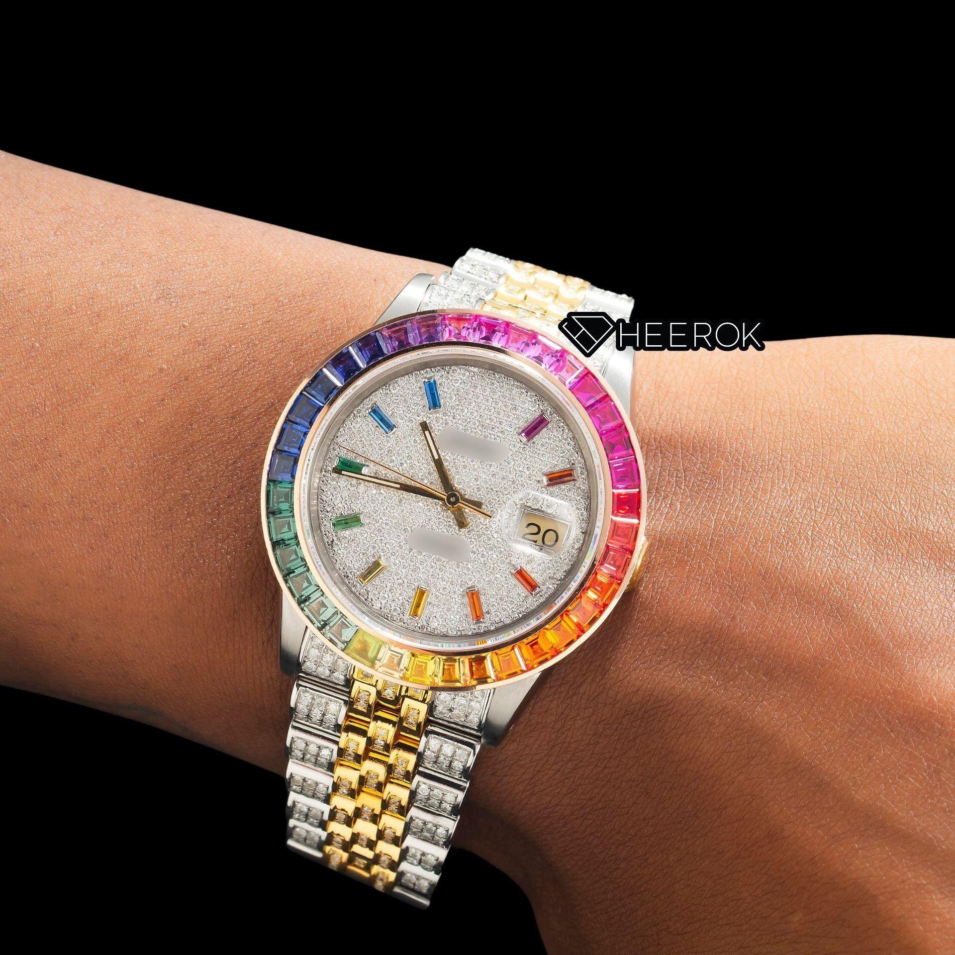 Rolex Datejust White Dial Multicolor Diamond Stick Markers Rainbow Diamond Bezel Two Tone Yellow Gold Fully Iced Moissanite Diamond Jubilee Bracelet For Women