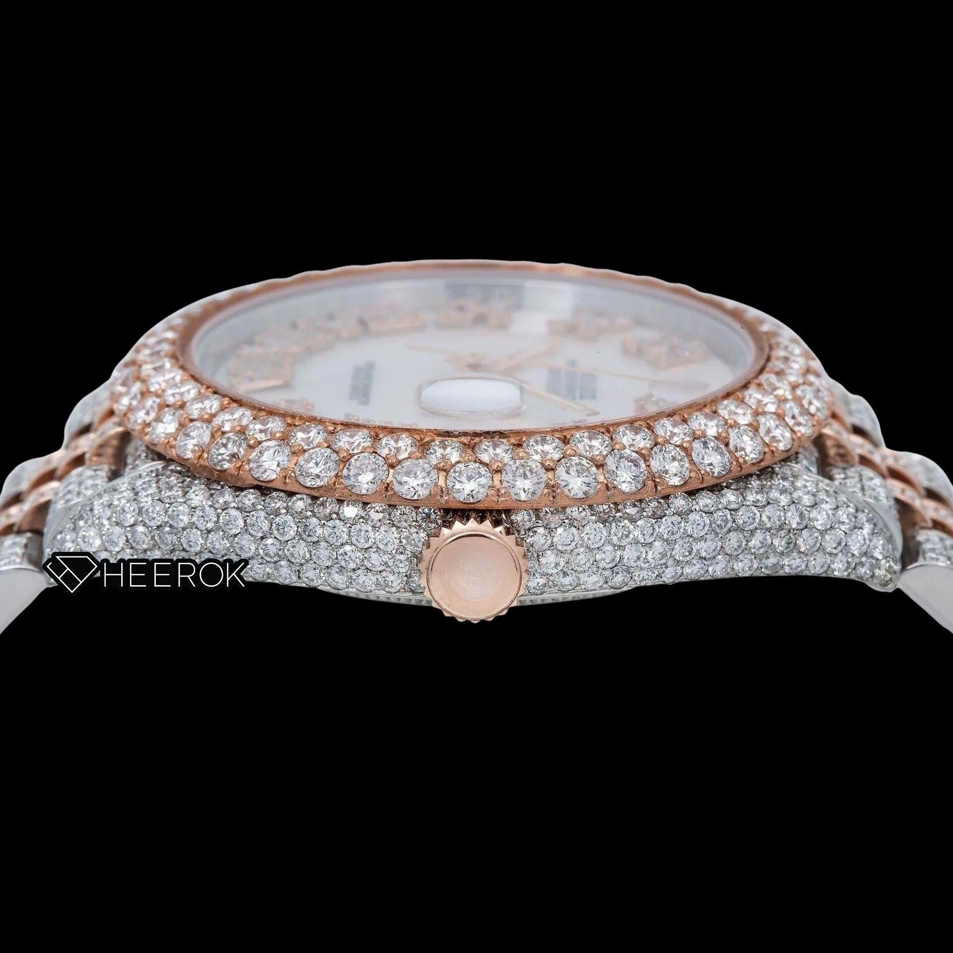 Rolex Datejust White Mother of Pearl Dial Roman Numerals Diamond Bezel Two Tone Rose Gold Moissanite Diamond Jubilee Bracelet