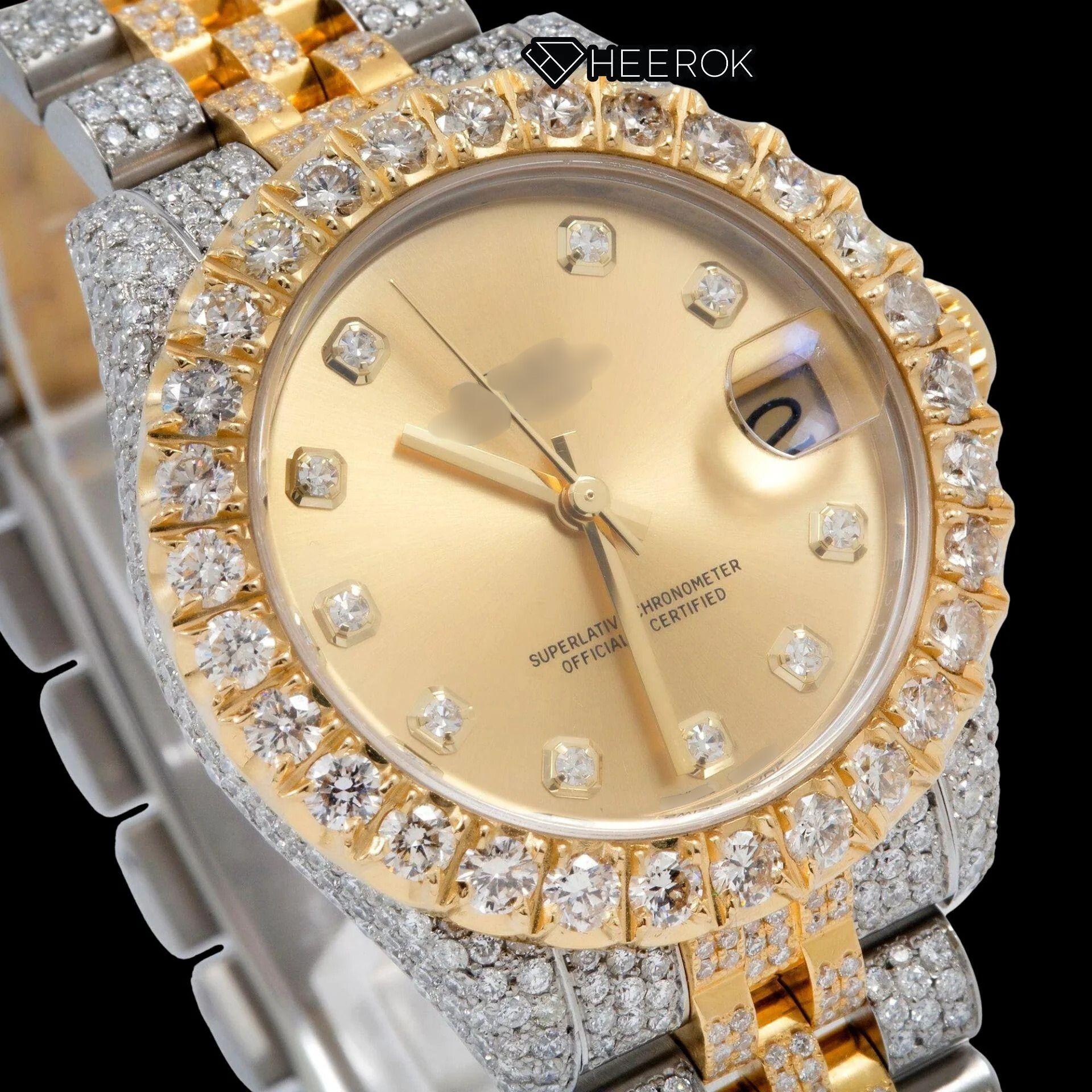 Rolex Datejust Yellow Dial Diamond Markers Diamond Bezel Two Tone Yellow Gold Iced Out Moissanite Diamond Jubilee Bracelet For Women
