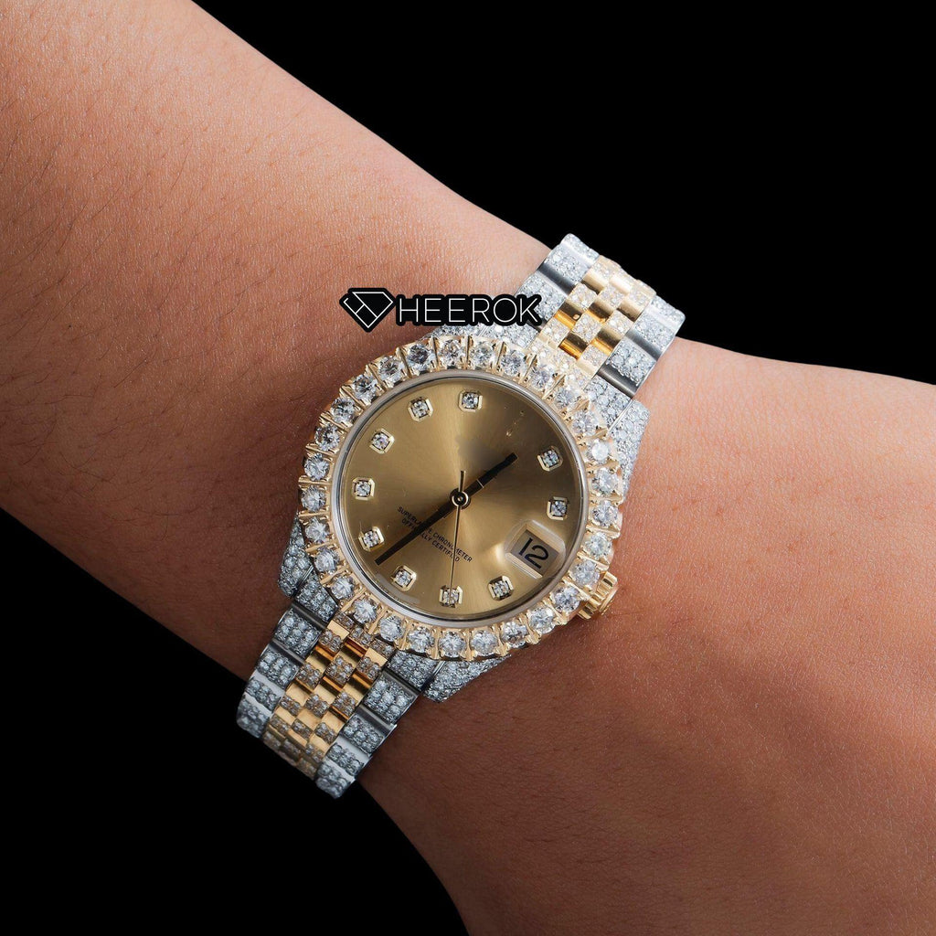 Rolex Datejust Yellow Dial Diamond Markers Diamond Bezel Two Tone Yellow Gold Iced Out Moissanite Diamond Jubilee Bracelet For Women