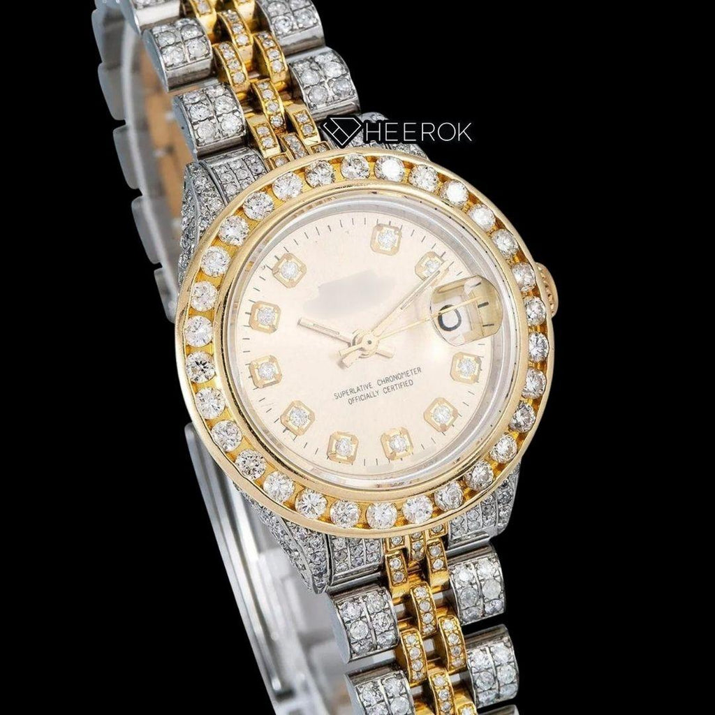 Rolex Datejust Yellow Dial Diamond Markers Diamond Bezel Two Tone Yellow Gold Moissanite Diamond Jubilee Bracelet For Women