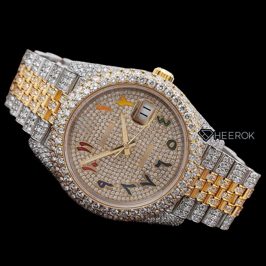 Rolex Datejust Yellow Dial Rainbow Arabic Numerals Diamond Bezel Two Tone Yellow Gold Fully Iced Out Moissanite Diamond Jubilee Bracelet
