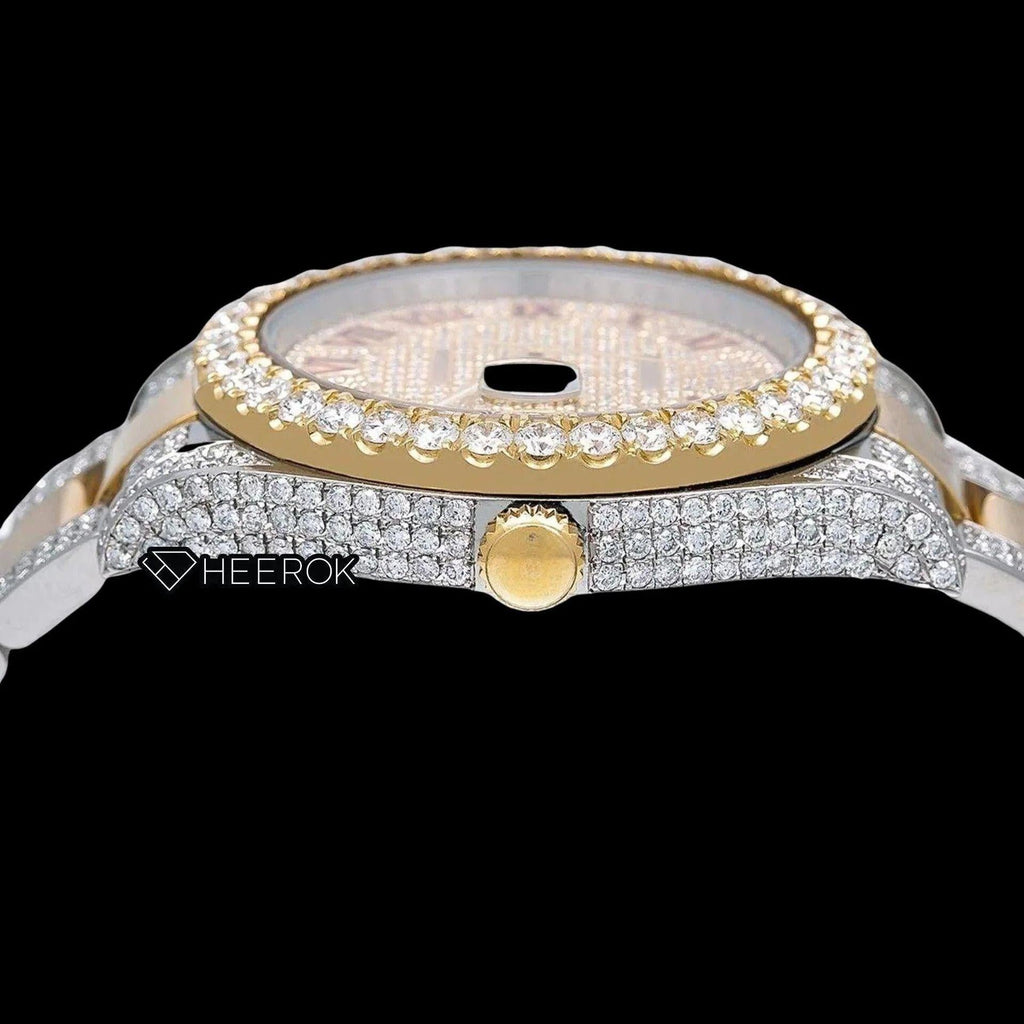 Rolex Datejust Diamond Paved Dial Red Roman Numerals Diamond Bezel Two Tone Yellow Gold Semi Iced Moissanite Diamond Oyster Bracelet
