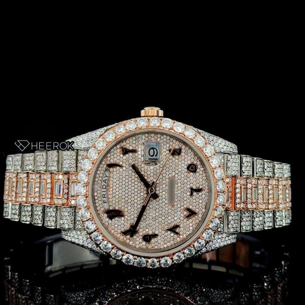 Rolex Day-Date Black Arabic Dial Diamond Bezel Two Tone Rose Gold Fully Iced Moissanite Diamond President Bracelet