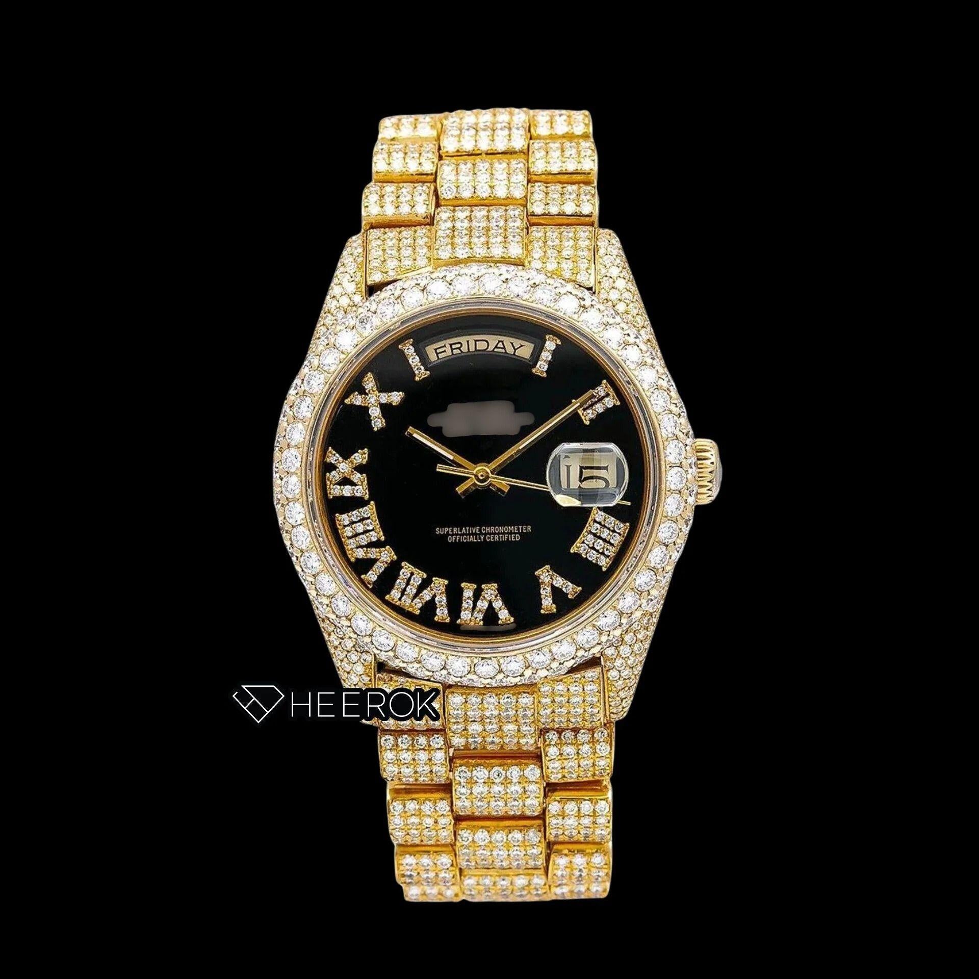Rolex Day-Date Black Dial Roman Diamond Numerals Diamond Bezel Yellow Gold Fully Iced Moissanite Diamond President Bracelet For Women