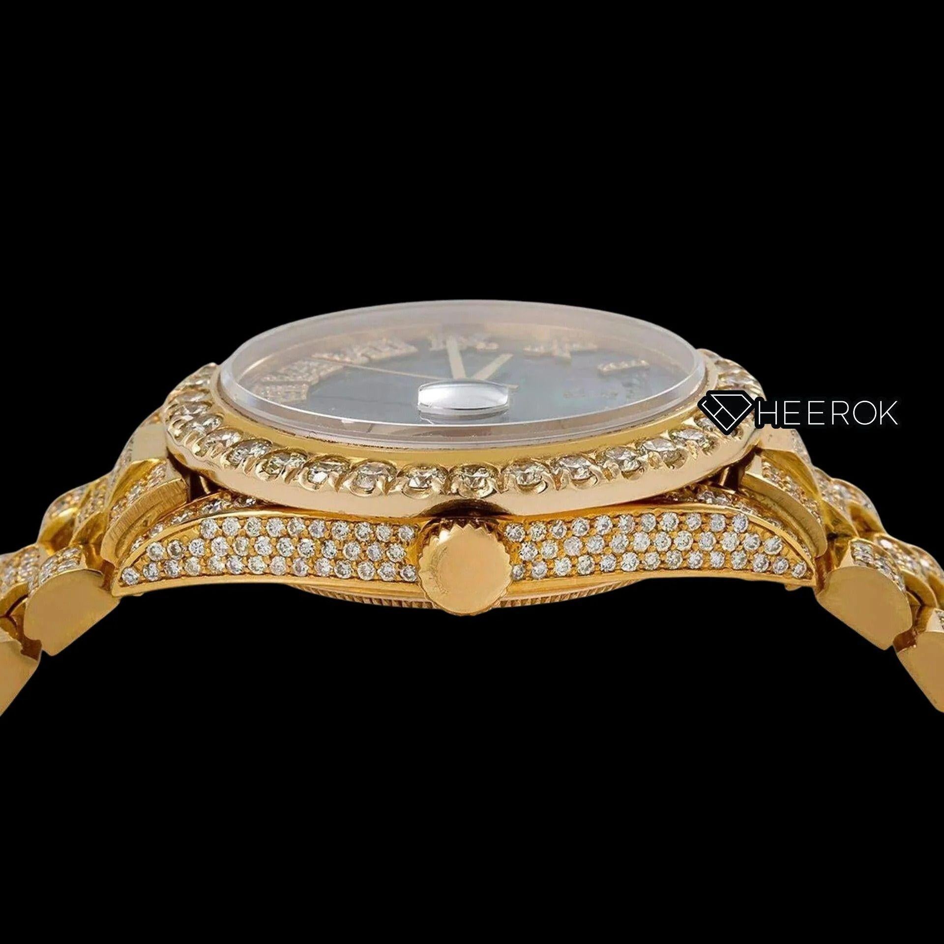 Rolex Day-Date Black Dial Roman Diamond Numerals Diamond Bezel Yellow Gold Fully Iced Out Moissanite Diamond President Bracelet For Women