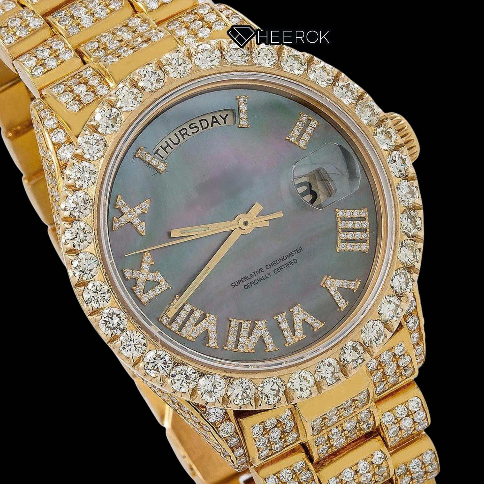 Rolex Day-Date Black Dial Roman Diamond Numerals Diamond Bezel Yellow Gold Fully Iced Out Moissanite Diamond President Bracelet For Women