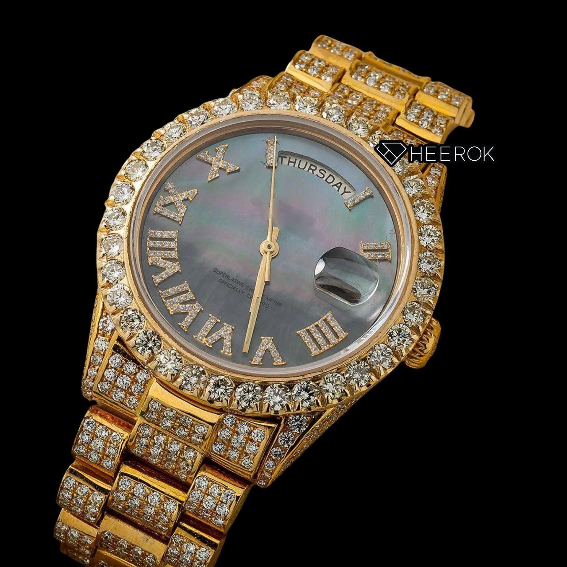 Rolex Day-Date Black Dial Roman Diamond Numerals Diamond Bezel Yellow Gold Fully Iced Out Moissanite Diamond President Bracelet For Women