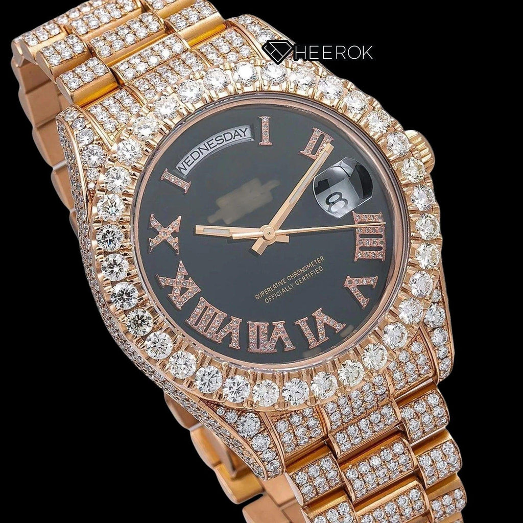 Rolex Day-Date Black Dial Roman Diamond Numerals Large Round Diamond Bezel Fully Iced Rose Gold Moissanite Diamond President Bracelet