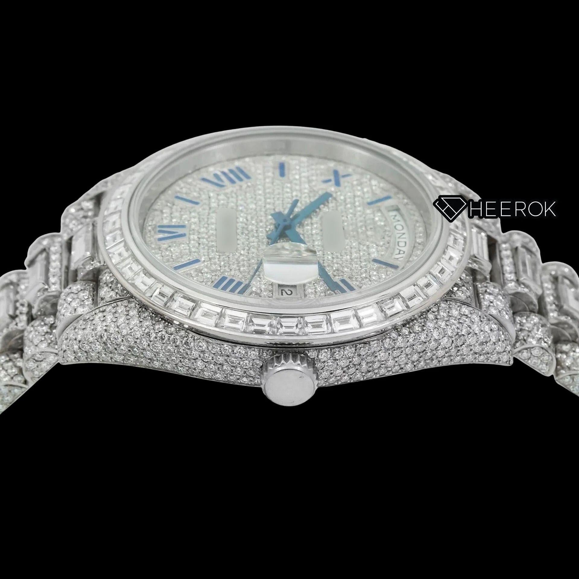 Rolex Day-Date Full Paved Dial Blue Roman Numerals Baguette Diamond Bezel Fully Iced Moissanite Diamond President Bracelet Watch
