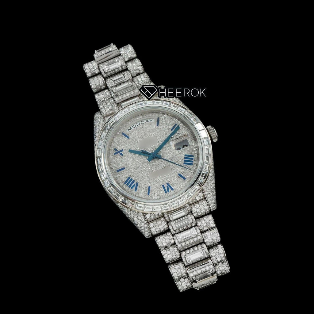 Rolex Day-Date Full Paved Dial Blue Roman Numerals Baguette Diamond Bezel Fully Iced Moissanite Diamond President Bracelet Watch