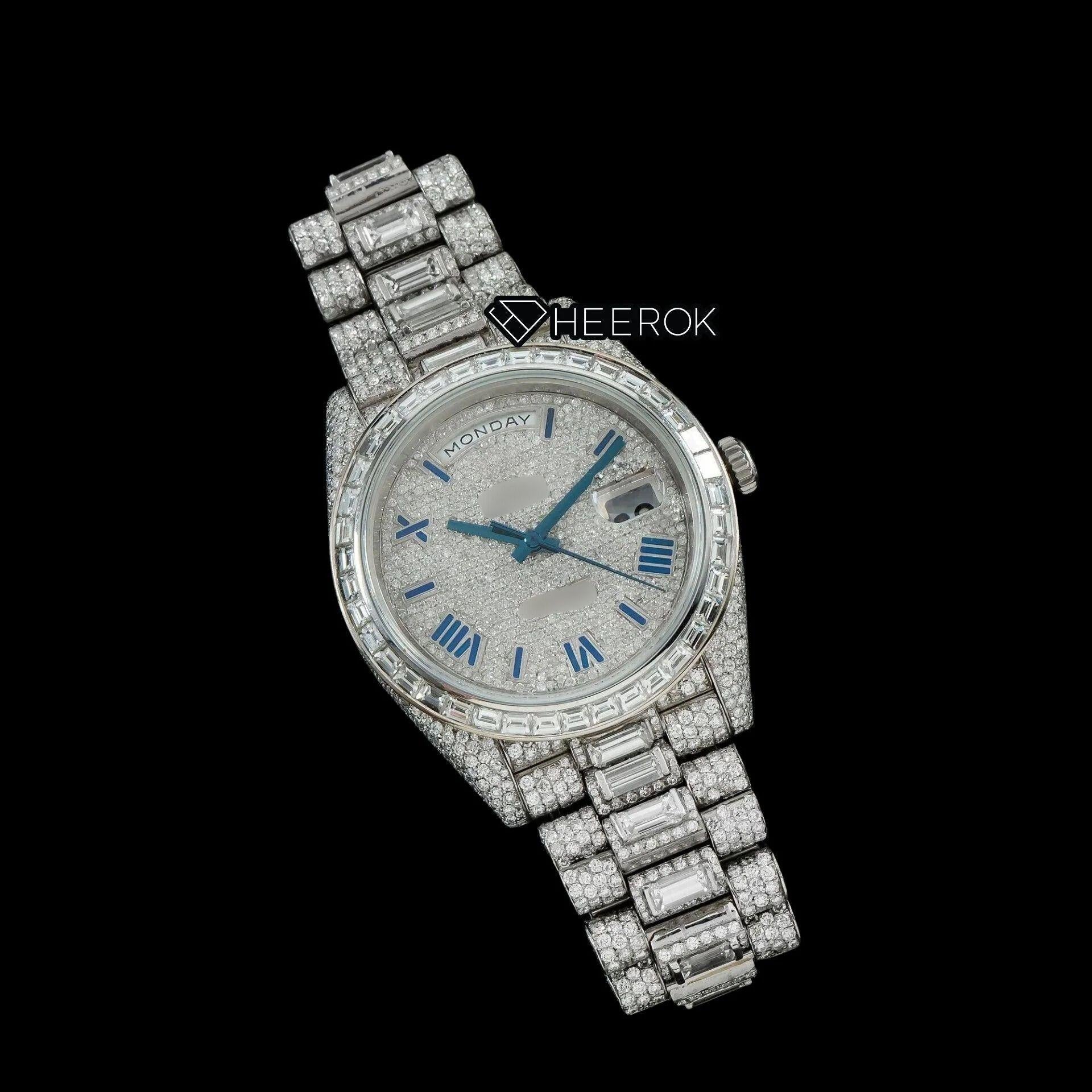 Rolex Day-Date Full Paved Dial Blue Roman Numerals Baguette Diamond Bezel Fully Iced Moissanite Diamond President Bracelet Watch