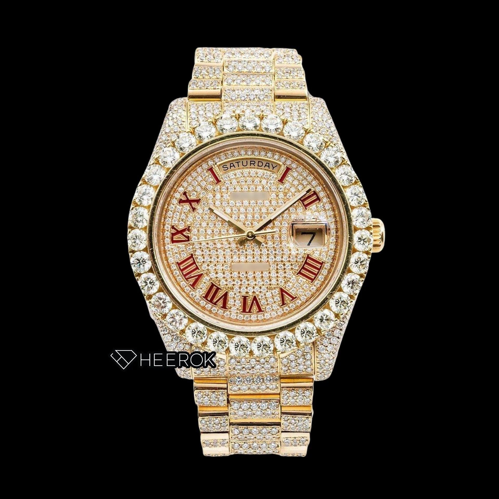 Rolex Day-Date Yellow Paved Dial Red Roman Numerals Large Round Diamond Bezel Yellow Gold Fully Iced Moissanite Diamond President Bracelet Watch