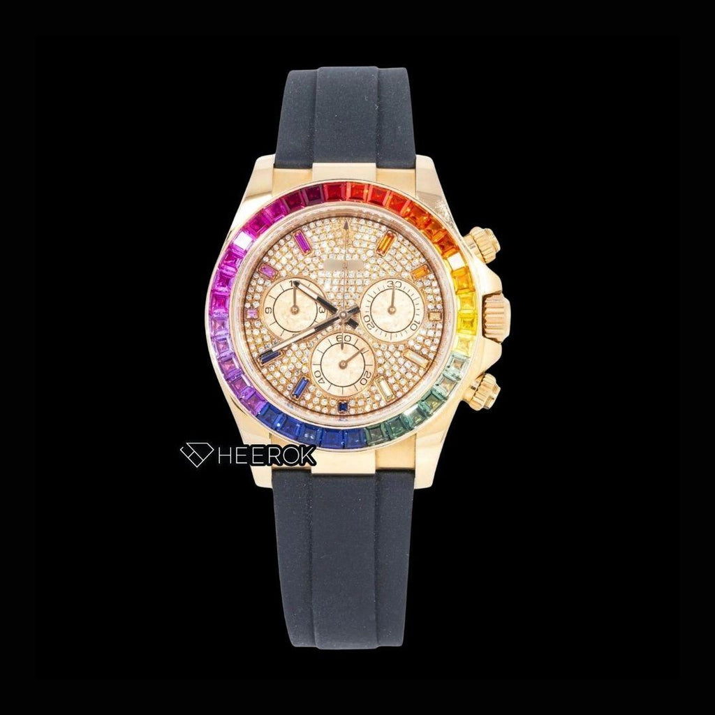Rolex Daytona Chronograph Yellow Gold Dial Multicolor Diamond Stick Markers Rainbow Diamond Bezel Moissanite Diamond Black Rubber Strap Watch