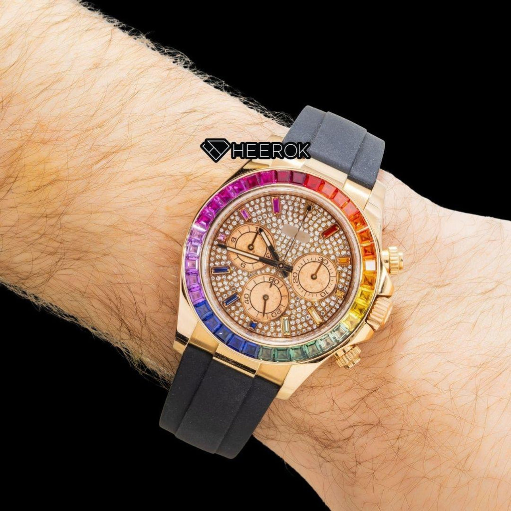 Rolex Daytona Chronograph Yellow Gold Dial Multicolor Diamond Stick Markers Rainbow Diamond Bezel Moissanite Diamond Black Rubber Strap Watch