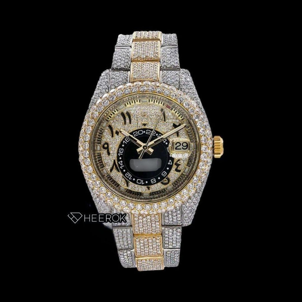 Rolex Sky-Dweller Black Arabic Dial Diamond Bezel Two Tone Yellow Gold Moissanite Diamonds Oyster Bracelet For Women