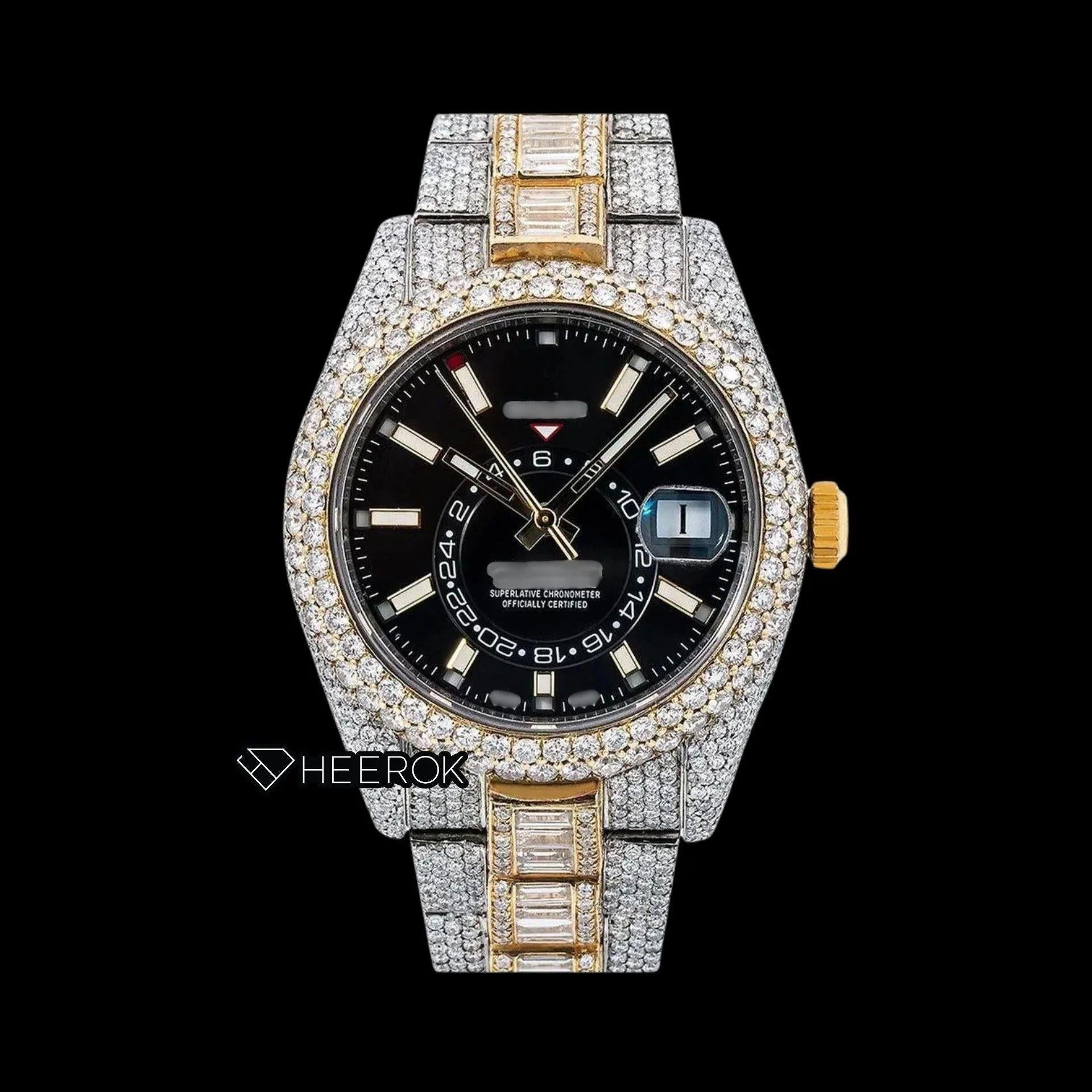 Rolex Sky-Dweller Black Dial White Stick Markers Diamond Bezel Two Tone Yellow Gold Fully Iced Moissanite Diamond Baguette Oyster Bracelet