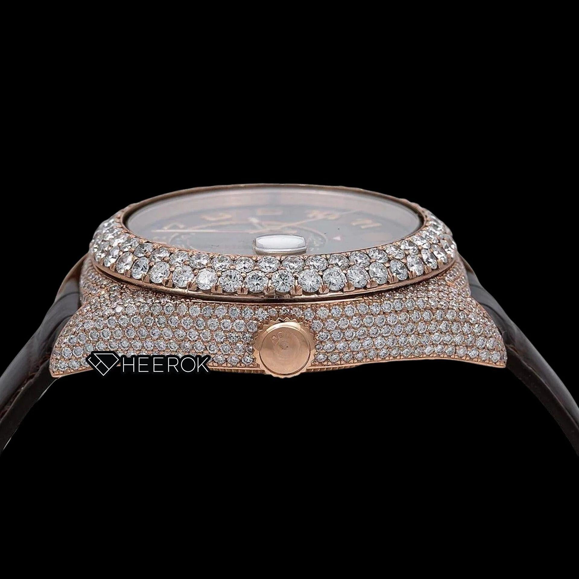 Rolex Sky-Dweller Brown Dial Standard Numerals Diamond Bezel Moissanite Diamond Brown Leather Strap Watch